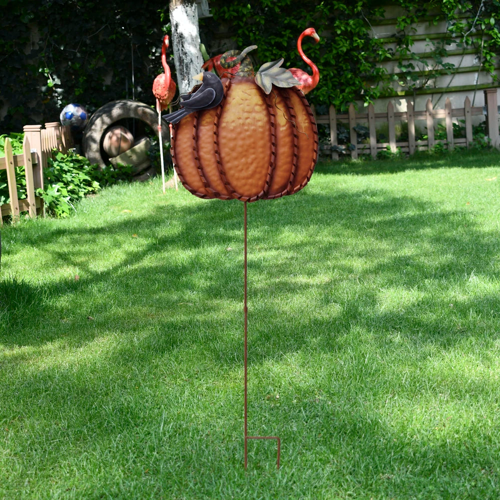 2 Parts Pumpkin Yard Sign Stakes Metal Pumpkin with bird Garden Decoration for Harvest Halloween Pumpkin Garden Stakes Yard Fall