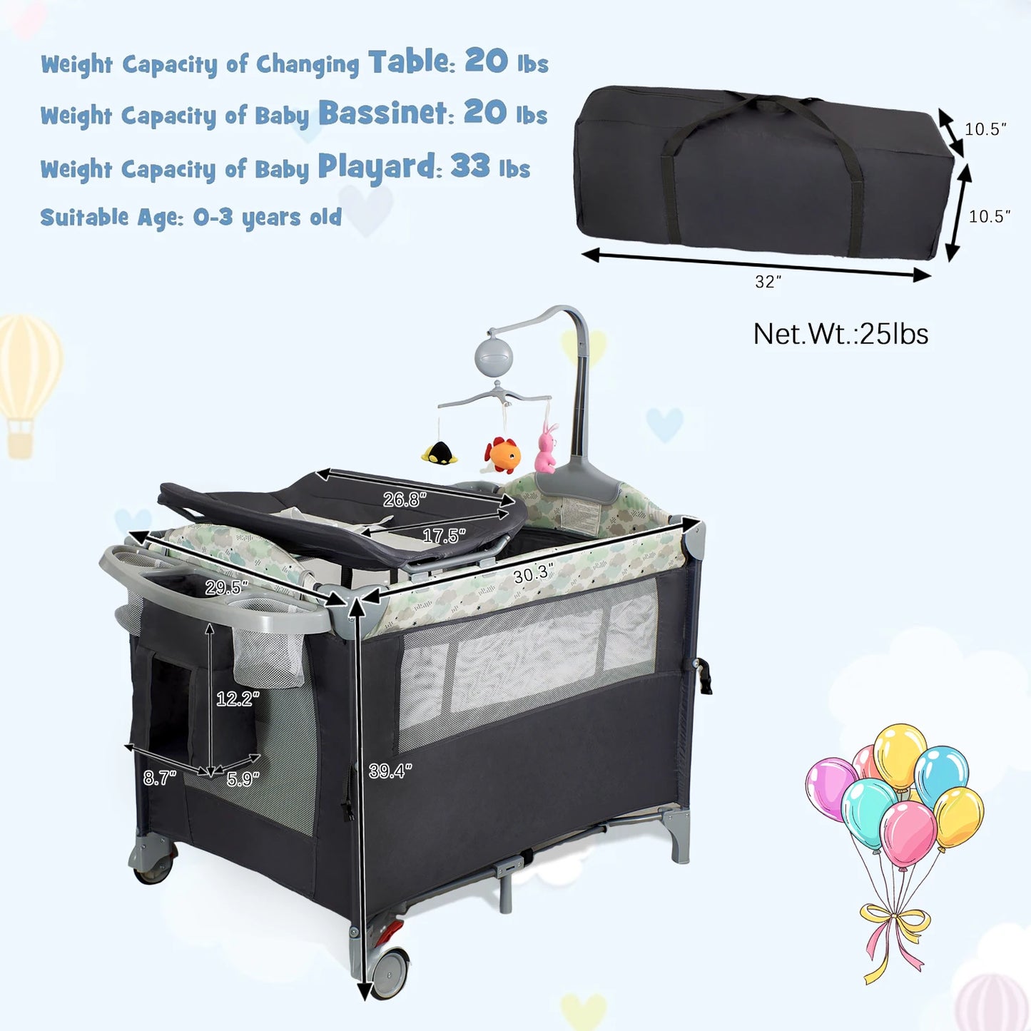 4 in 1 Portable Baby Playard with Changing Table Lockable Wheels Music Box Foldable Baby Crib Suit Infant to Toddler