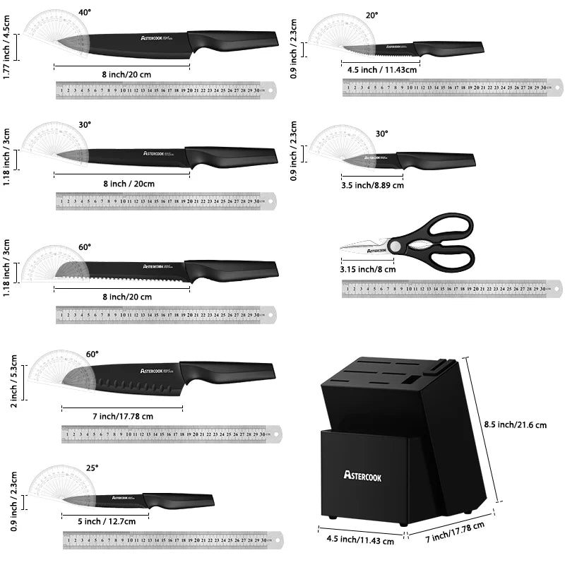 Astercook Kitchen Knife Set with Built-in Sharpener Block, Dishwasher Safe, 15 Pieces German Stainless Steel Knife Block Set