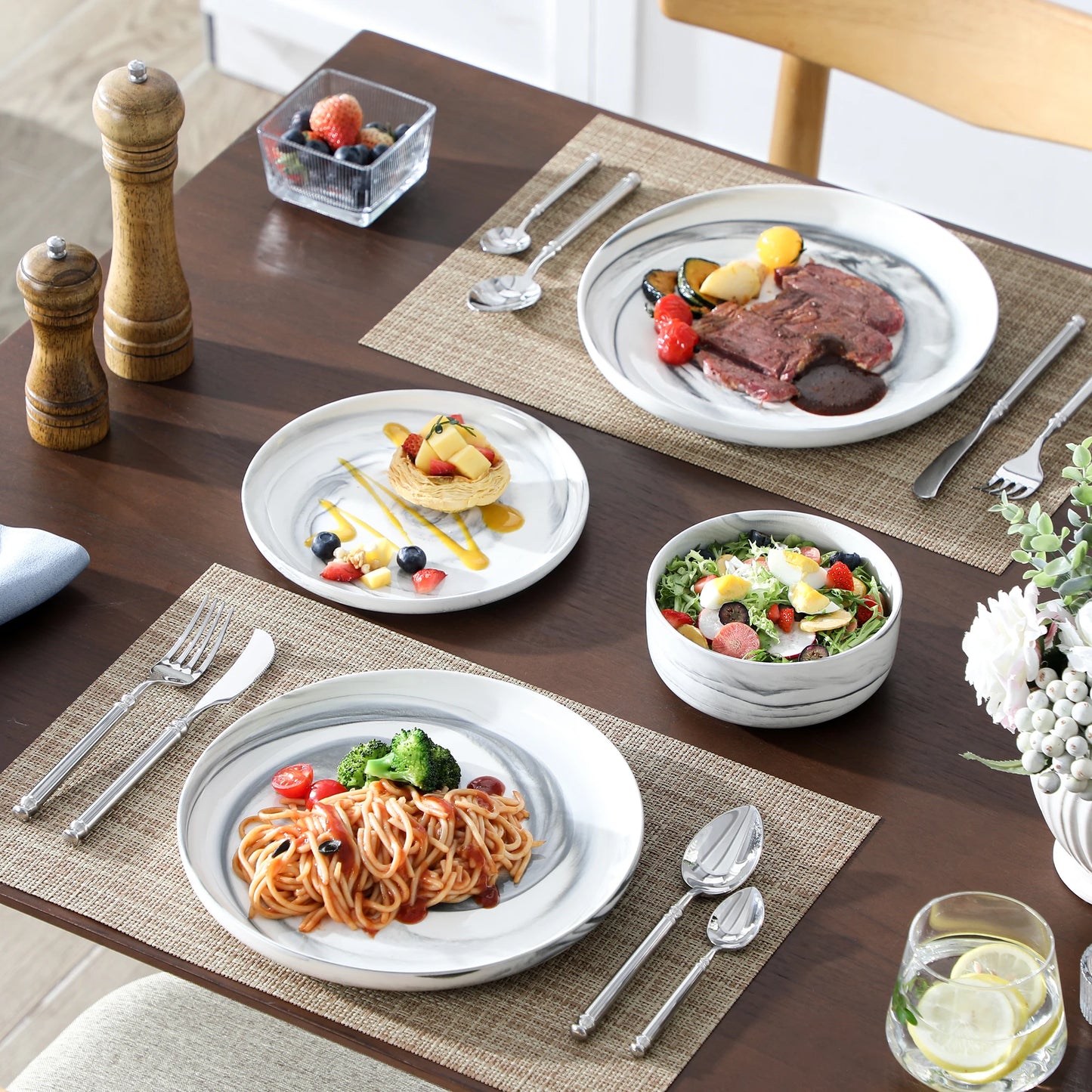 MALACASA Luna series 24-Piece Marble Porcelain Dinnerware Set with 8 Pcs Dinner/Dessert Plates,Bowl Tableware Set Service for 4