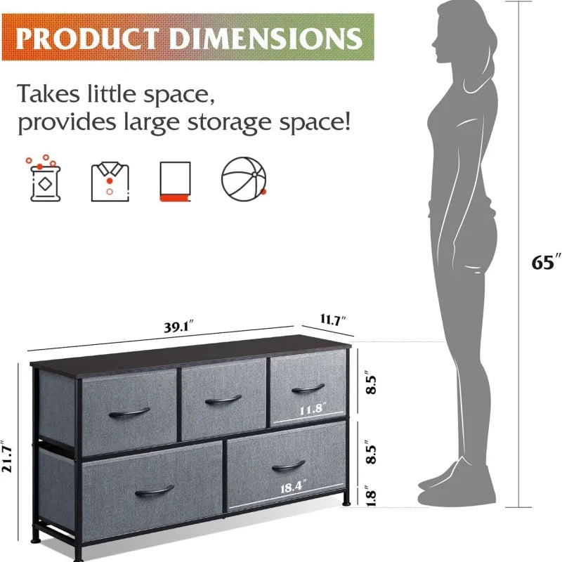 GALAXHERO Fabric Dresser Bedroom Wide 5 Drawer Chest of Drawers Storage Organizer Unit Fabric Bins Closet Living Room Hallway