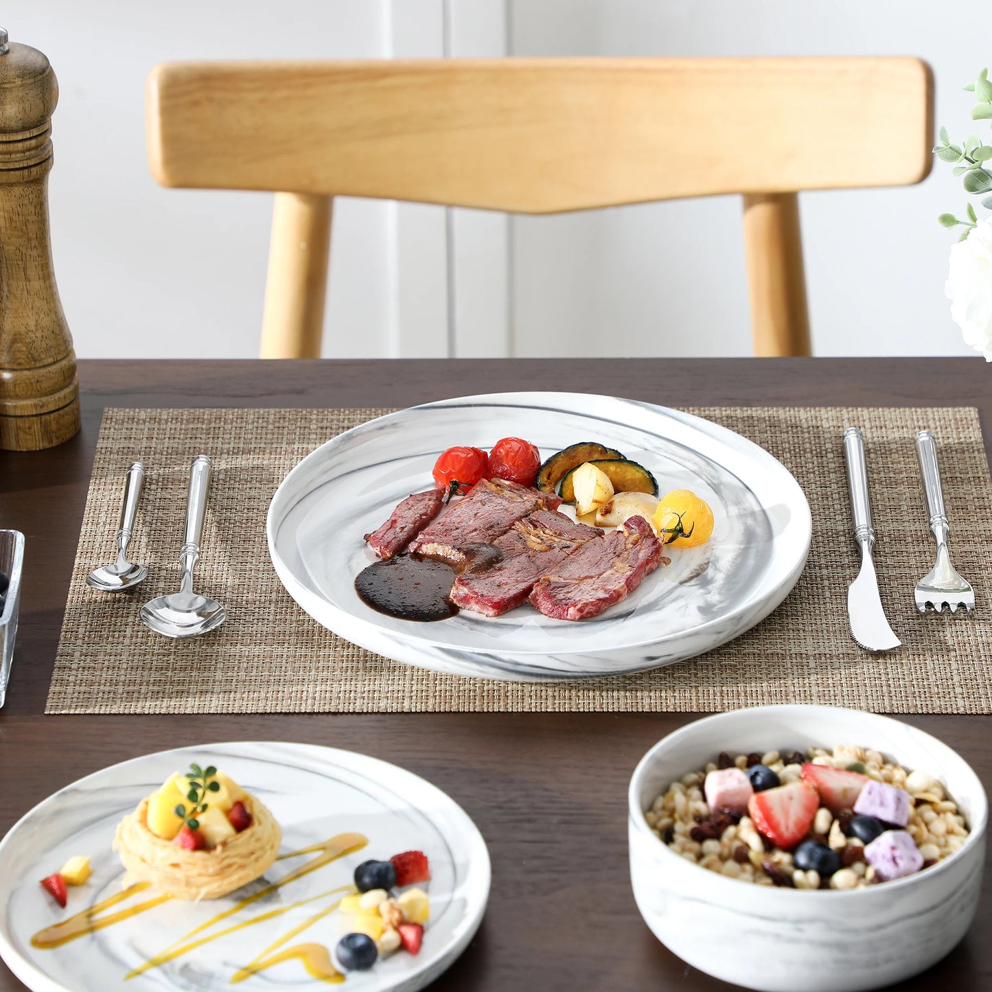 MALACASA Luna series 24-Piece Marble Porcelain Dinnerware Set with 8 Pcs Dinner/Dessert Plates,Bowl Tableware Set Service for 4