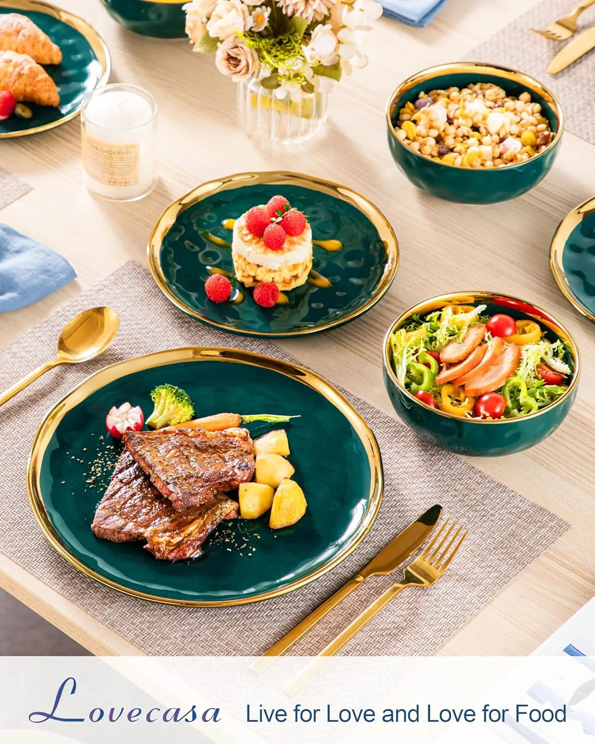 12 Pieces Plates and Bowls Sets, Porcelain Green and Gold Dinnerware Sets, Round Dinner Plates Dishes Set Service for 4, Dishwas