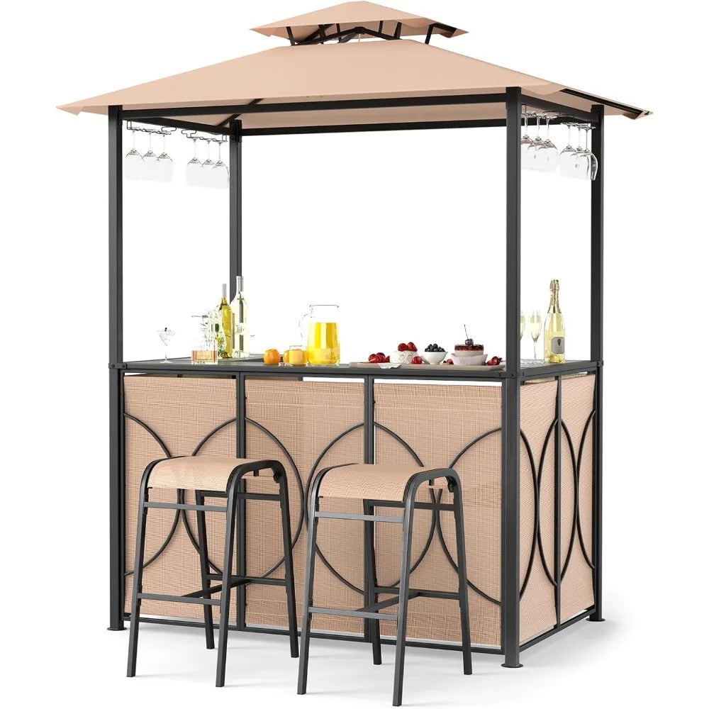 3-Piece Patio Bar Set, Grill Gazebo & 2 Bar Stools with Tempered Glass Bar Table, Metal Storage Shelves, Glass Holders, Double-