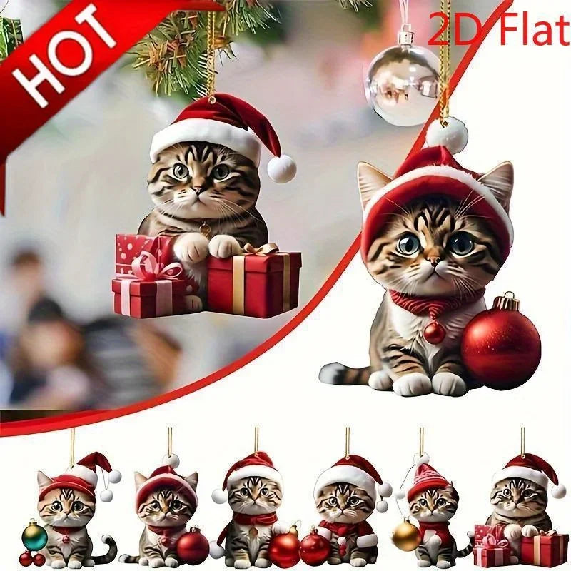 2D 6Pcs Cat Christmas Ornaments - Acrylic Festive Kitty Decor with Santa Hats