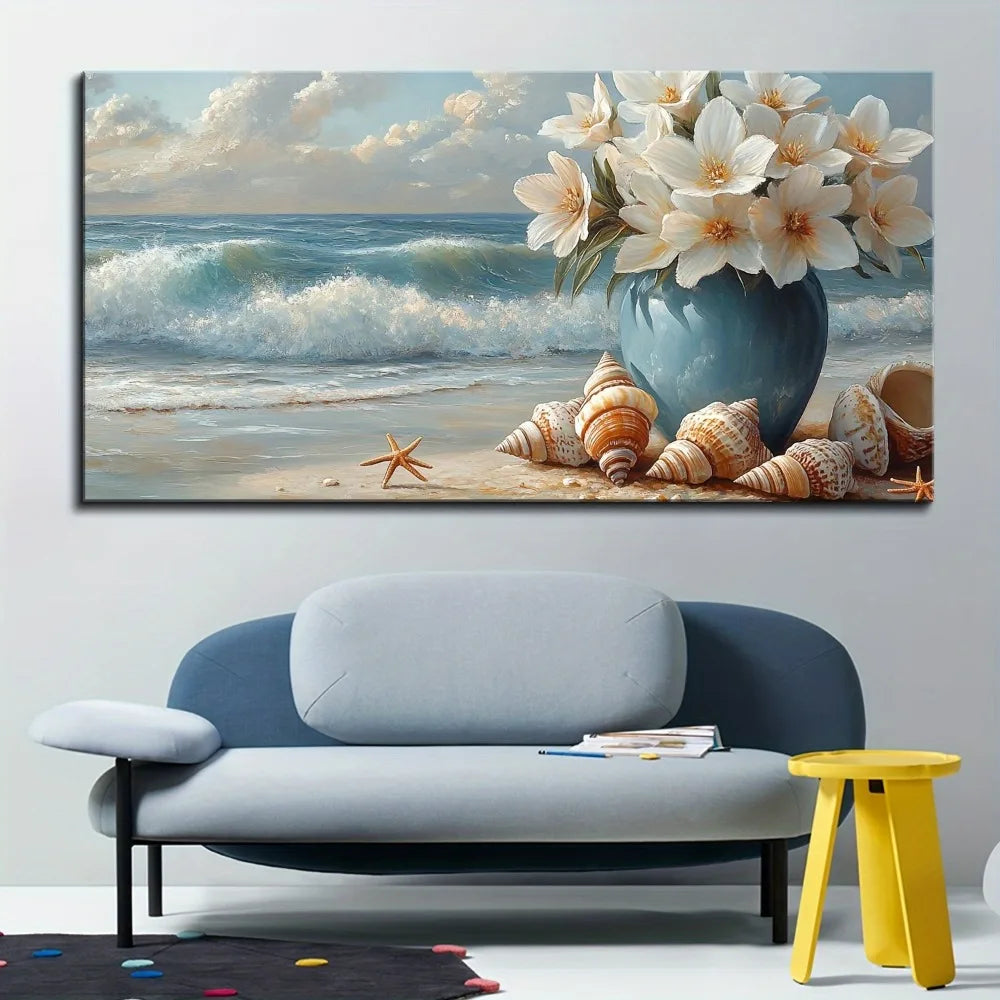 Beach Canvas Floral Marine Flower Wall Art In Pine Frame