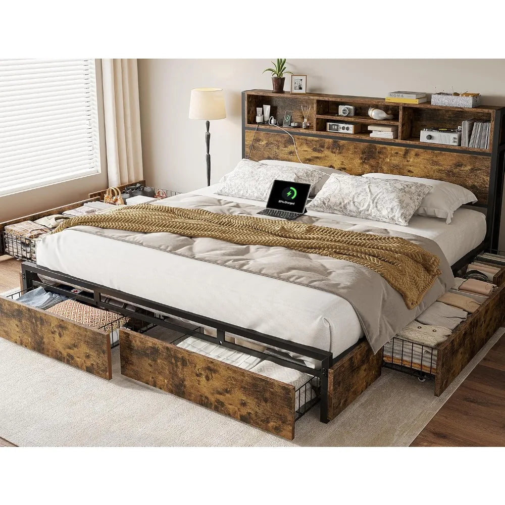 EnHomee King Size Bed Frame with 6 Storage Drawers King Bed Frame and Headboard, Storage Bed with Charging Station, No Noise,No