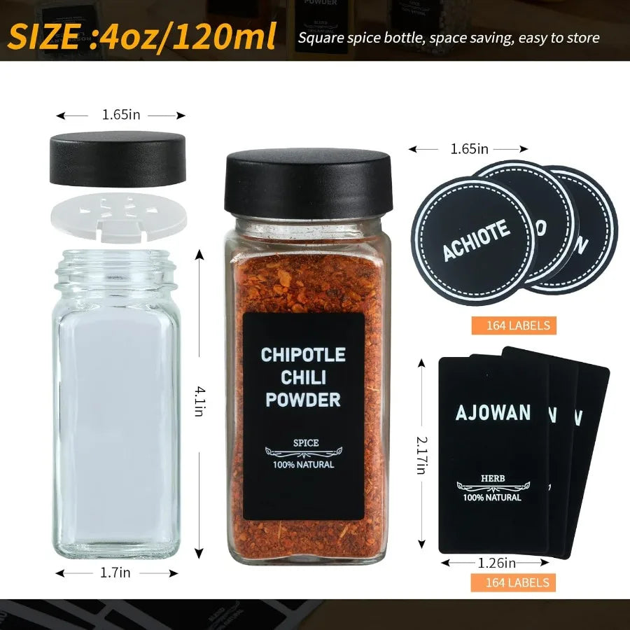 24Pcs Spice Jars Containers with Labels,4oz Black Seasoning Bottles with Shaker Lids for Rack, Cabinet, Drawer,Empty Square Cond