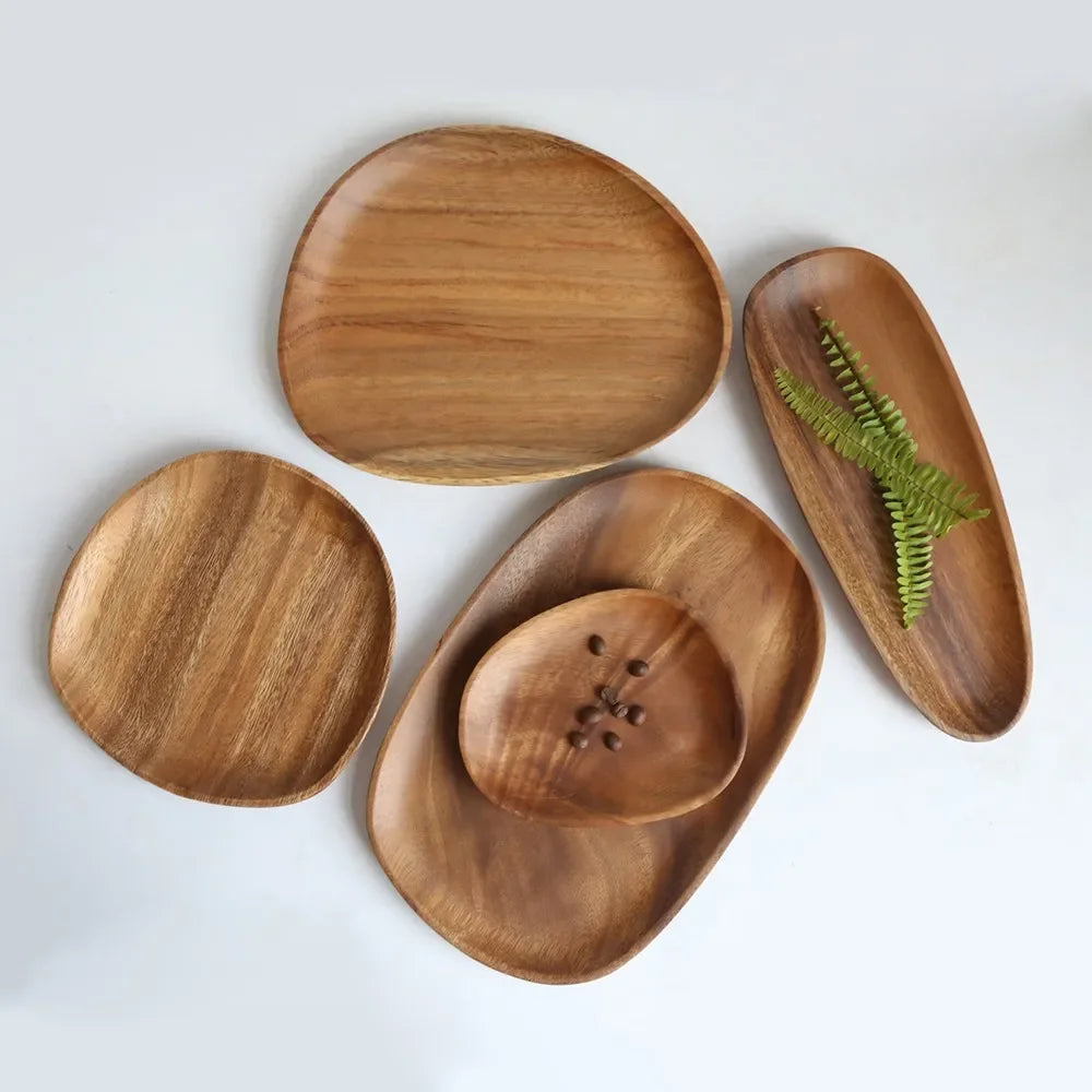 Walnut Acacia Irregular Oval Solid Wood Dinner Plate Tray