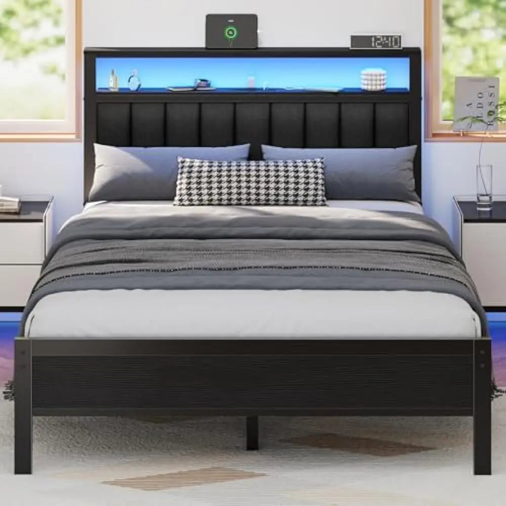 LED Twin Size Bed Frame with Charging Station and 2-Tier Storage Shelves, Platform Bed with Metal Slats, No Box Spring Needed