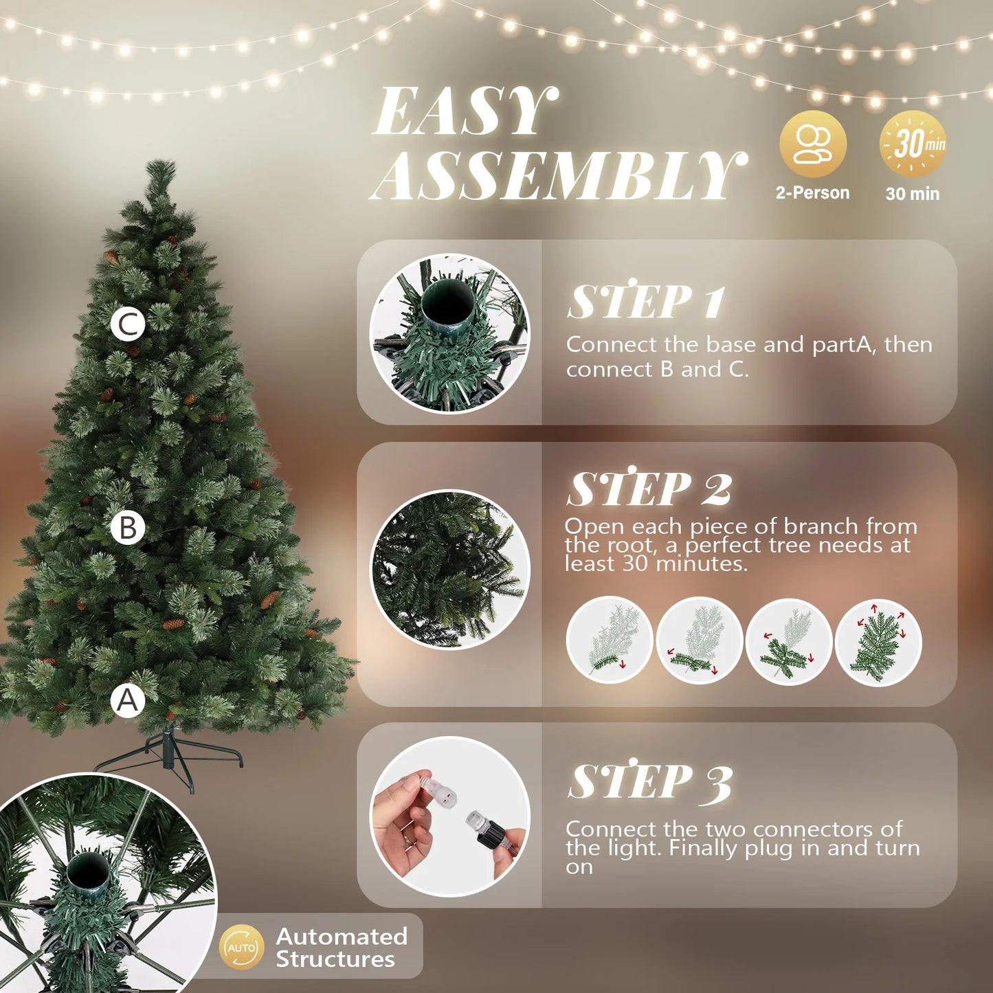 "6ft Auto Tree Structure, PE/PVC, 500 Warm Lights, 9 Modes, Remote Control, 900 Branches with Pine Needles, Green Christmas Tree