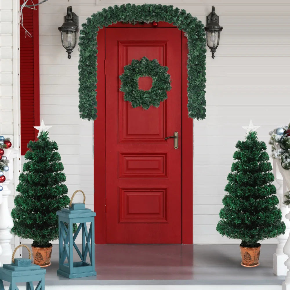 Pre-lit Fiber Christmas 4-Piece Set: Garland, Wreath, 2 Entrance Trees, Color Lights. PVC. Festival Set.