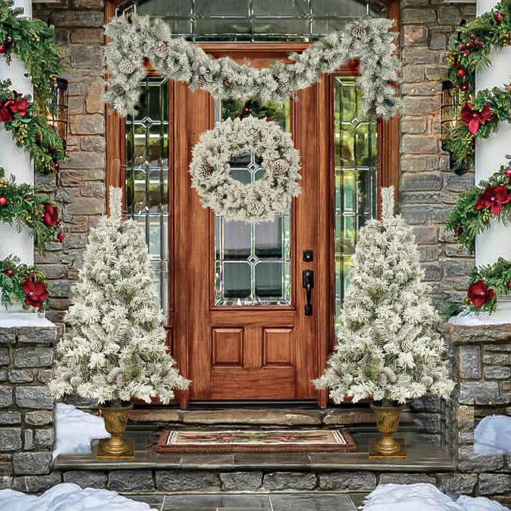 Pre-lit Xmas Tree Artificial Christmas 4-Piece Set: Garland, Wreath, 2 Entrance Trees with LED Lights. Compact X-mas Decor Set.