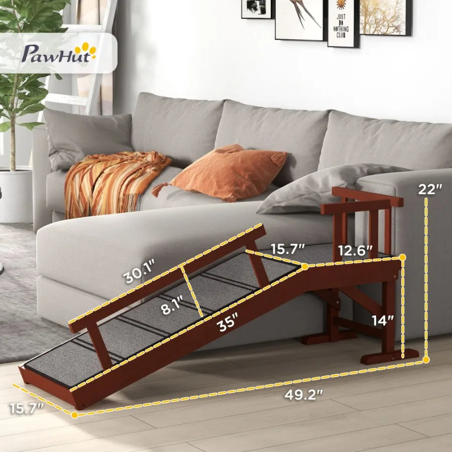 PawHut Dog Ramp Dog Stairs for Small Medium Large Dogs Pet Ramp for Bed or Couch with Removable Guardrails NonSlip Surface 49 L