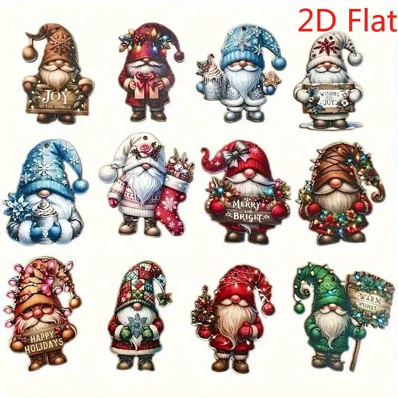 12pcs Handmade Wooden Gnome Ornaments - 2D Flat Christmas Tree Decorations