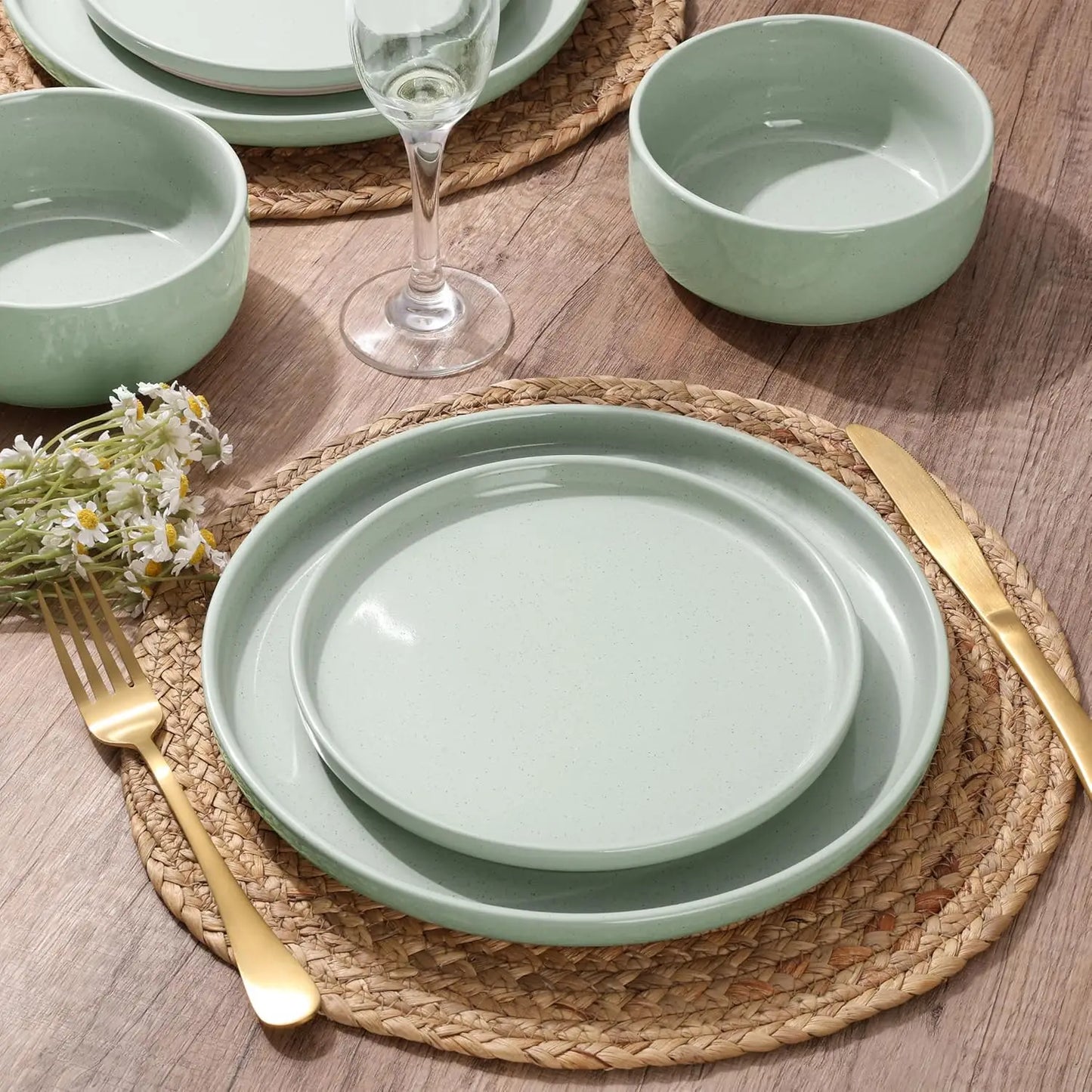 Stoneware Dinnerware Sets, 18-Piece Plates and Bowls Set for 6, Dishes Set for Home Restaurant, Speckled Asparagus Green