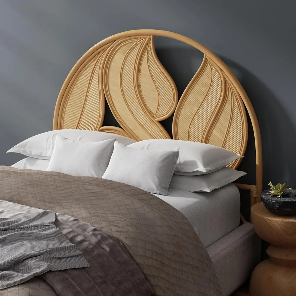 Palm Springs Rattan Headboard for Queen Size Beds Natural Boho Style with Intricate Palm Leaf Pattern and Arch Perfect for Coas
