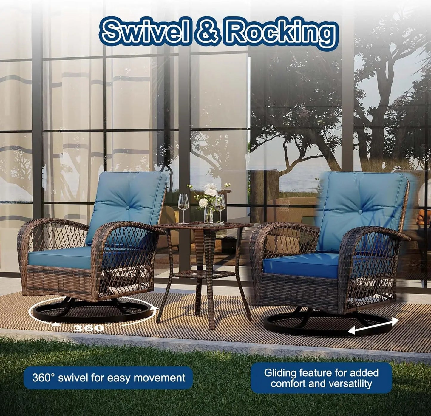 Swivel Rocker Patio Chairs Set of 2 with Side Table, 3 Pieces Patio Wicker Glider Chairs with Thickened Cushions, Outdoor Wicker