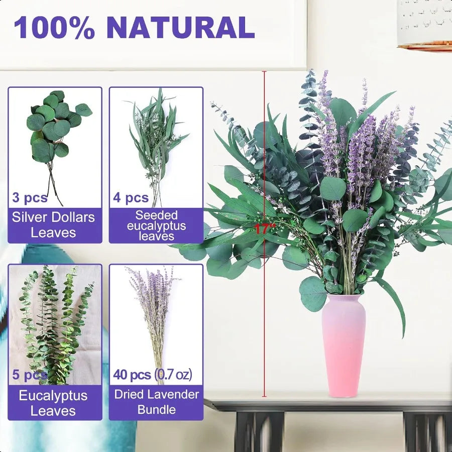 52 PCS Mix Dried Eucalyptus and Lavender Flowers Bundles for Shower 17'' Natural Real Hanging Silver Dollar Eucalyptus Leaves S
