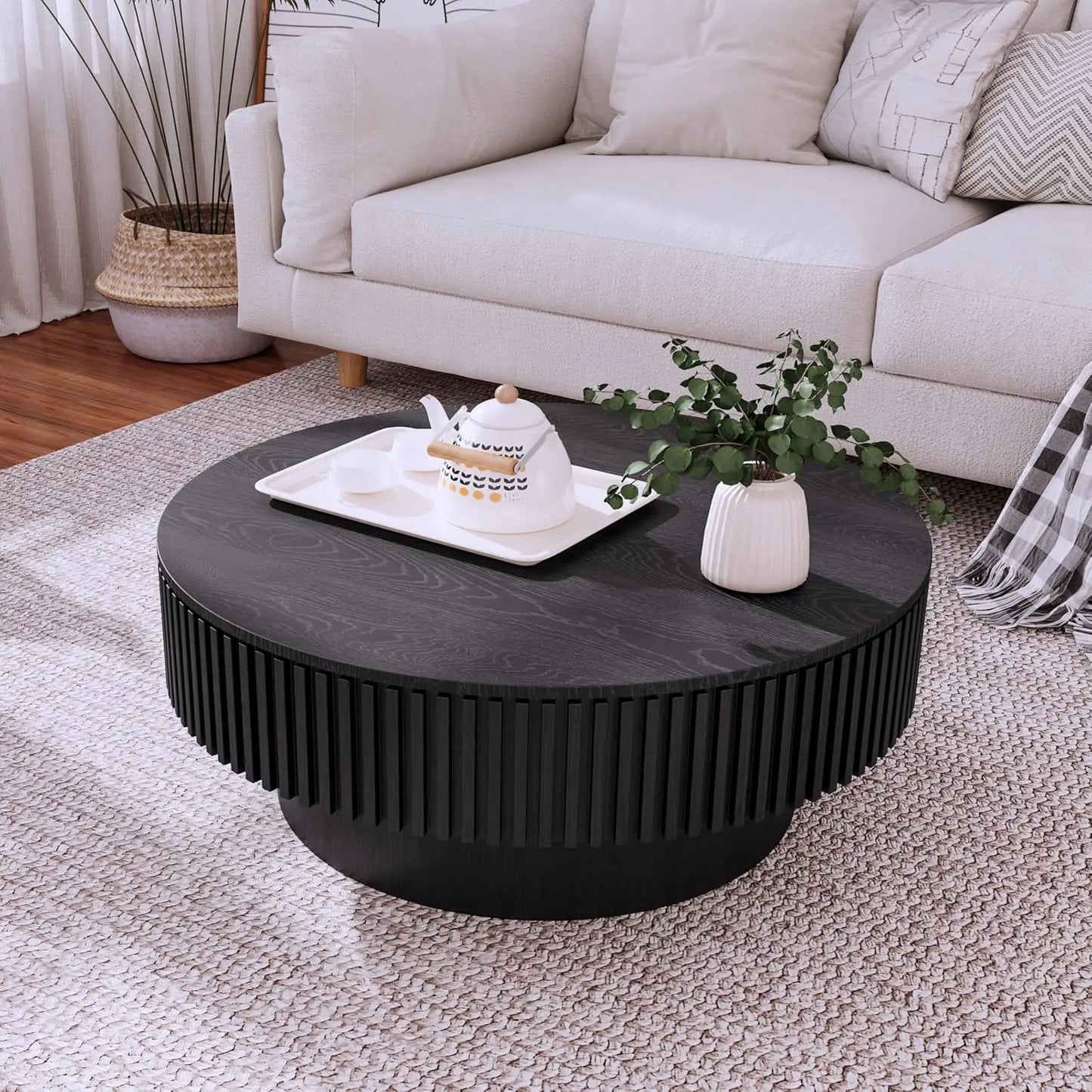 Modern Circular Coffee Table with Storage, Luxury Drum Style Center Table, Solid Wood Veneer Accent Side Table