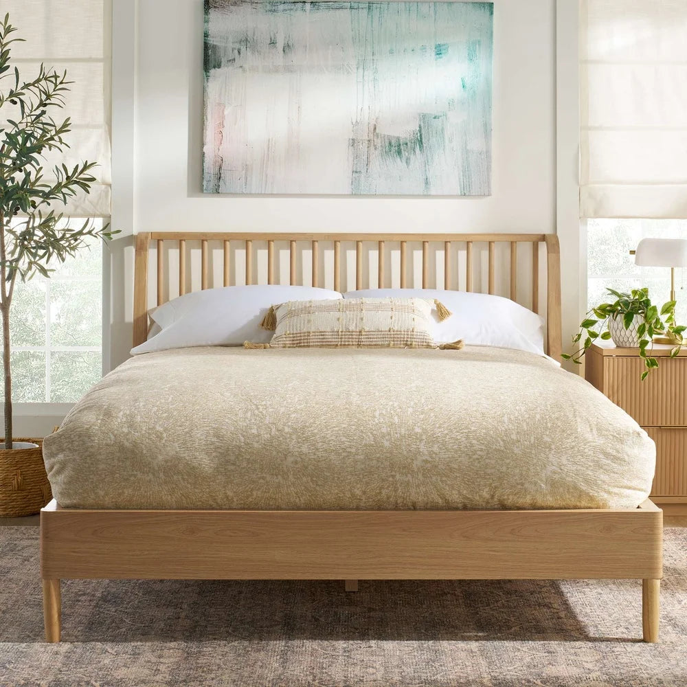 Natural Pine Finish Queen Spindle Bed Durable Solid Wood Wingback Headboard Elevated Legs Stylish Bedroom Furniture Assembly