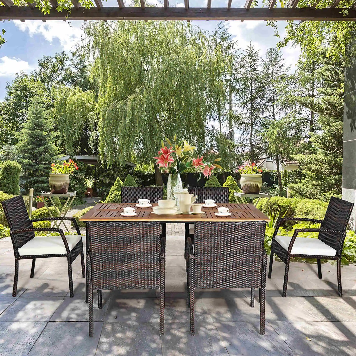 7PCS Patio Rattan Dining Set Chair Wooden Table Top W/Umbrella Hole
