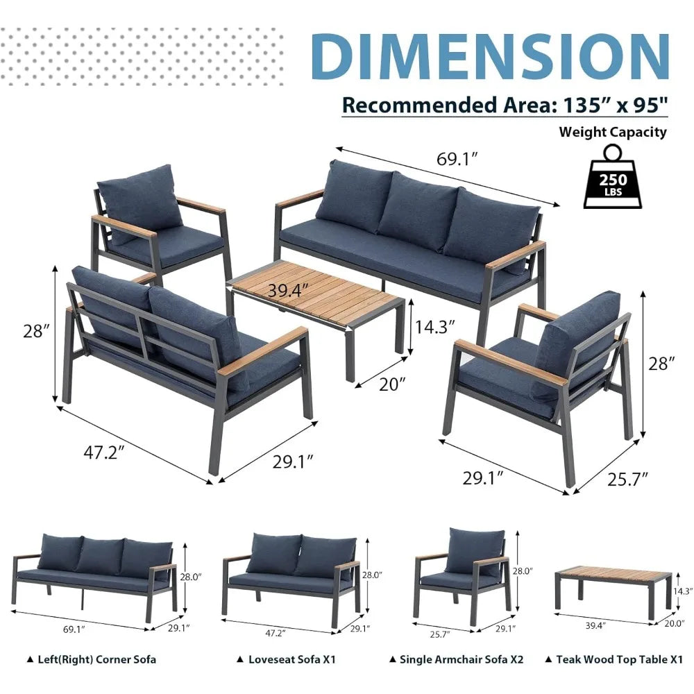 Aluminum Outdoor Furniture Set, 5 Pieces Patio Furniture Conversation Set with Teak Top Coffee Table, 7 Seats Patio Sectio