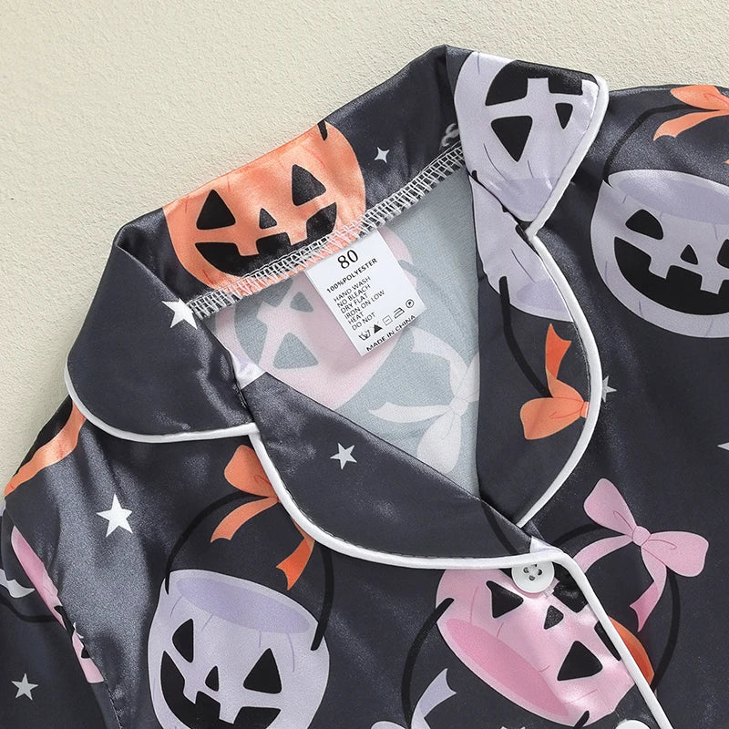 Women s Halloween Pajama Sets with Long Sleeve Lapel Pumpkin Bow Print Shirt and Pants for Cozy Sleepwear