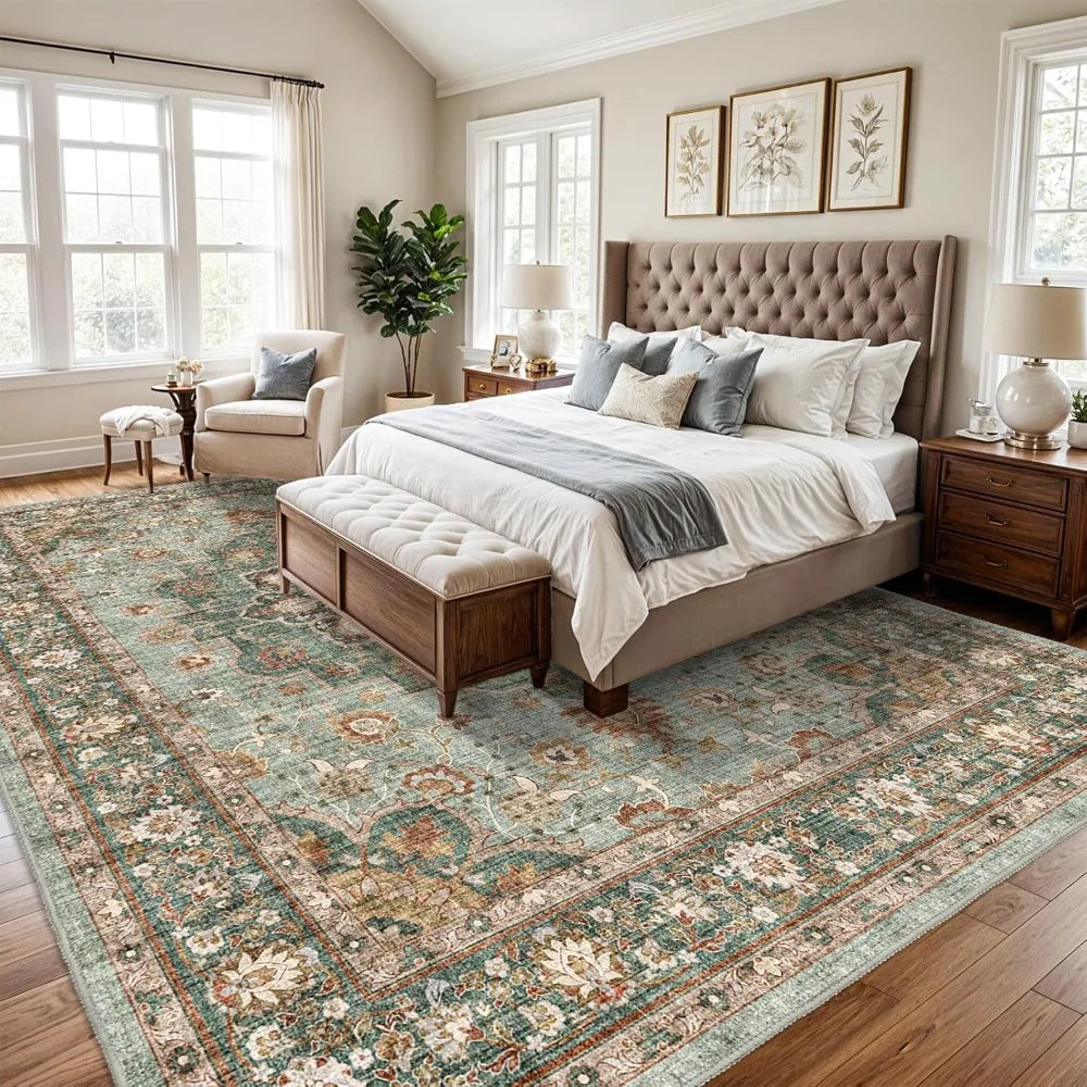 Washable Oriental Area Rug - 10x14 Rugs for Living Room Soft Carpet for Bedroom Waterproof Floral Distressed Indoor Stain