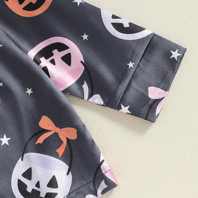 Women s Halloween Pajama Sets with Long Sleeve Lapel Pumpkin Bow Print Shirt and Pants for Cozy Sleepwear