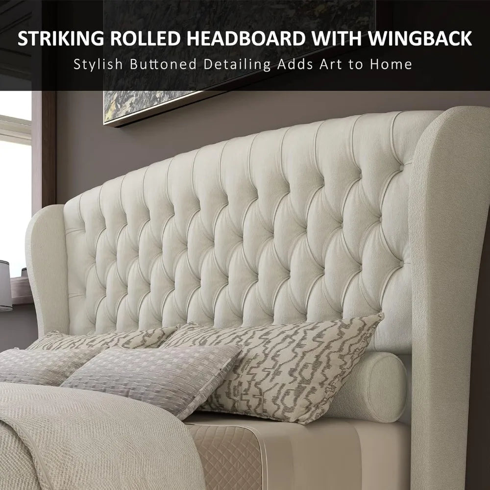 AMERLIFE Queen Size Platform Bed Frame, Chenille Upholstered Sleigh Bed with Scroll Wingback Headboard & Footboard/Button Tufted
