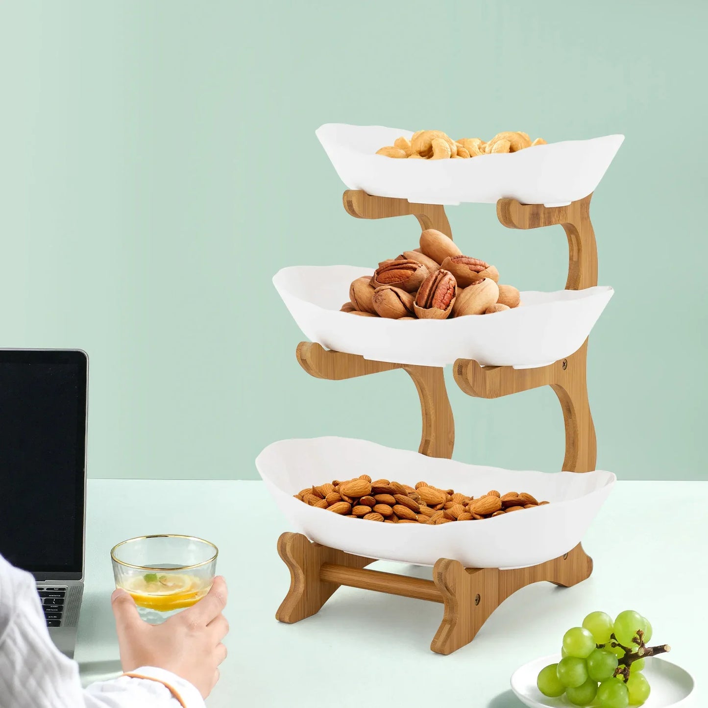 3 Layer Fruit Bowl Food Grade Materials Eco-friendly Bamboo Wood Fruit Holder Bathroom Cosmetics Storage Snacks Basket Shelf