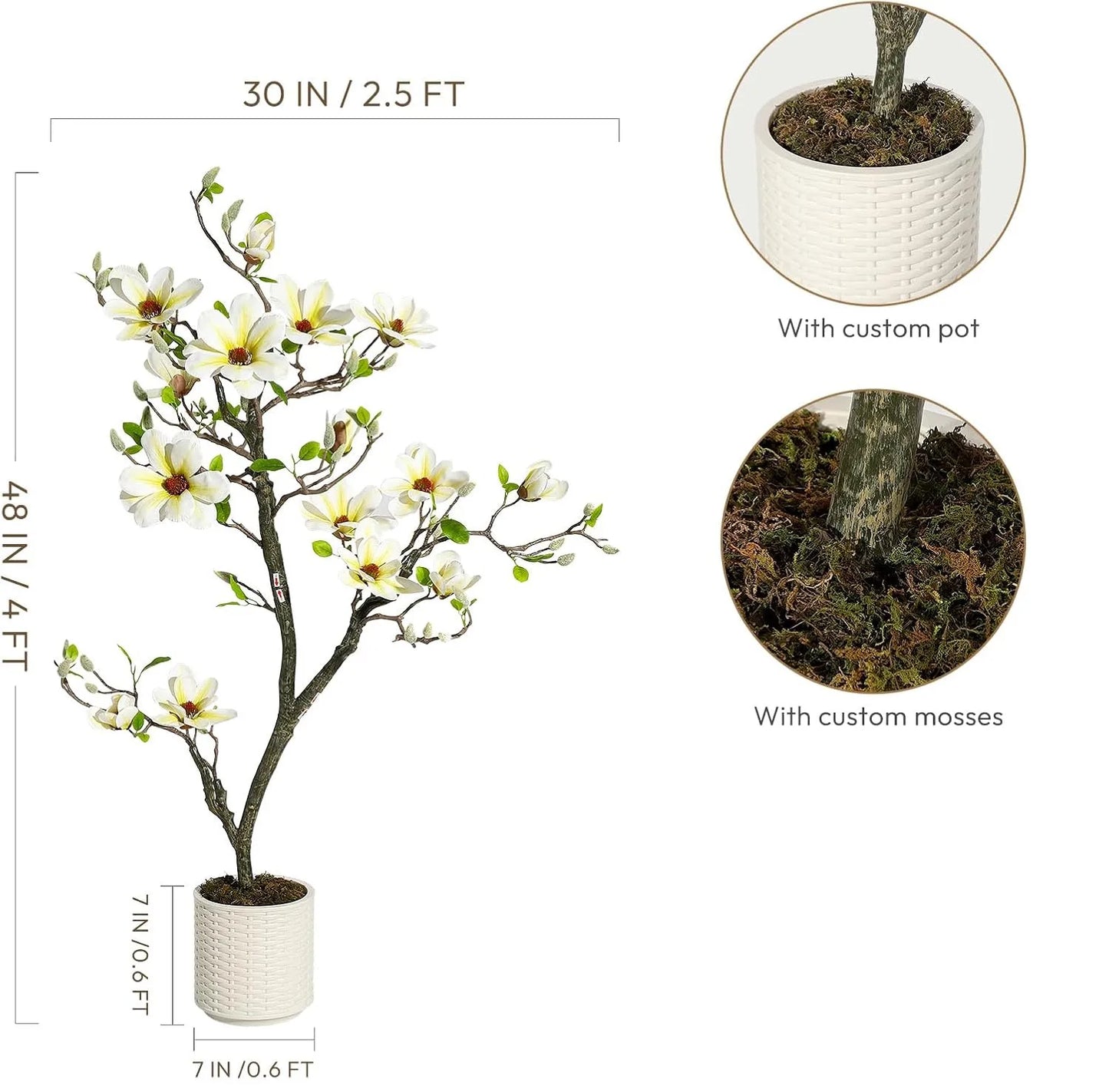 Artificial Magnolia Tree, Lifelike Flowers & Vibrant Leaves in White Pot - Perfect for Home, Office, Patio or Yard Decor