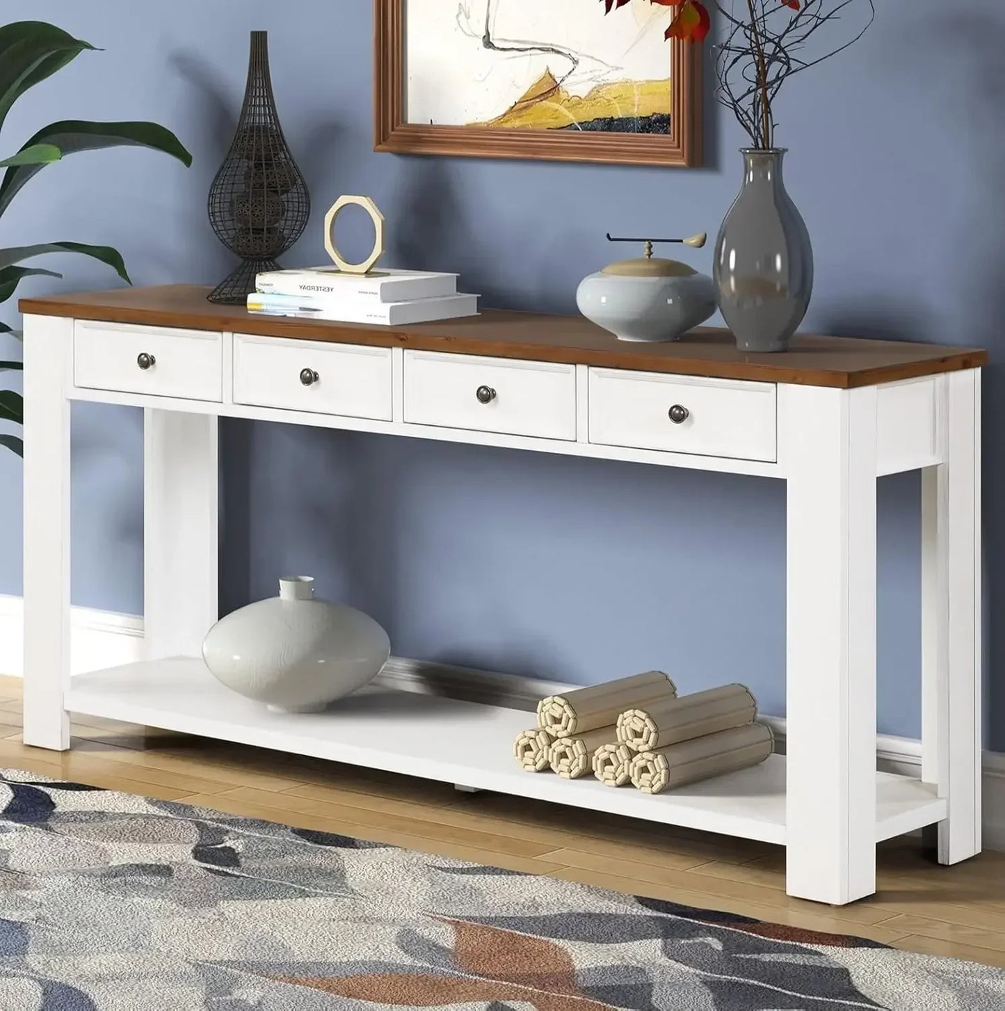 Modern Wood Console Table Sofa Table with 4 Drawers And 1 Bottom Shelf for Entryway Corridor Dining Room Decorative Furniture