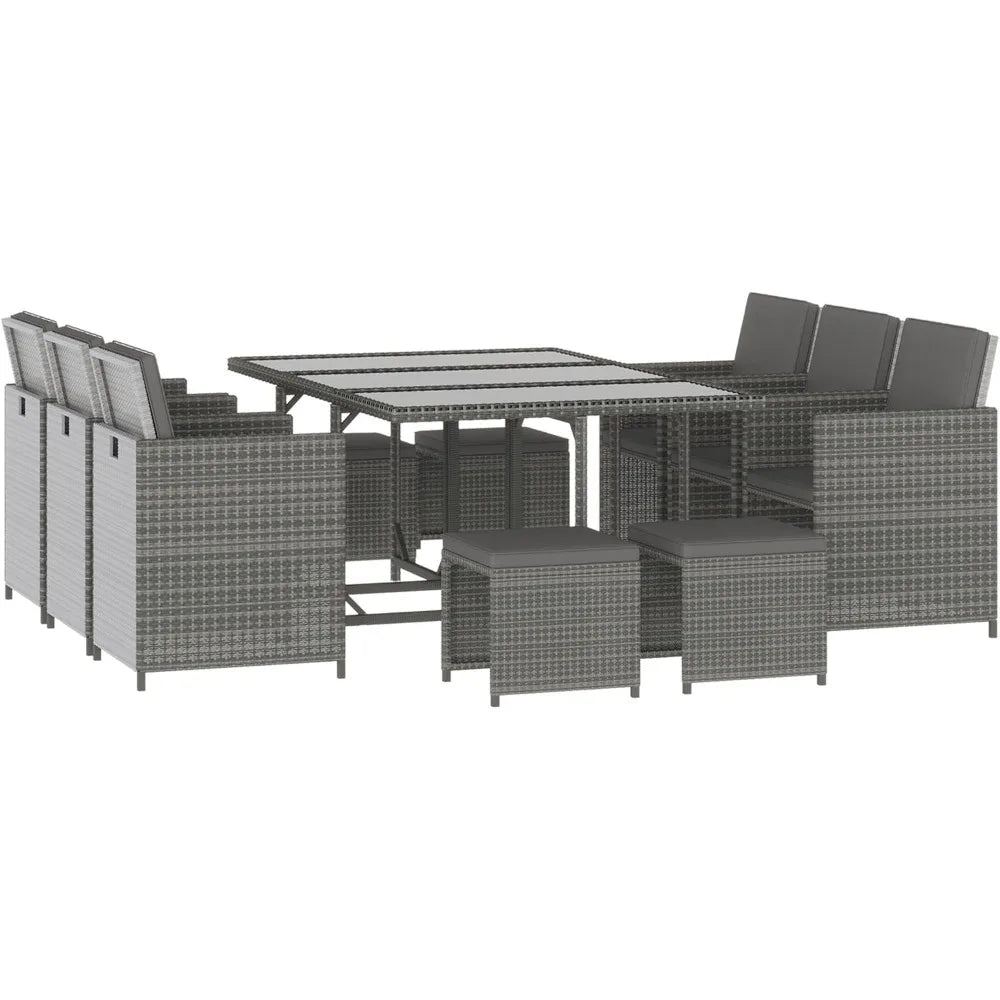 11 Pieces Outdoor Dining Set for 10, Space Saving Wicker Chairs and Glass Table with Cushions and Ottomans, Rattan Conversation