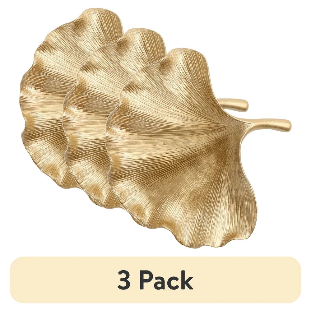 3 Pack Gold Leaf Shaped Tabletop Trinket Tray Ginko Style Jewelry Storage Decorative Display Accent Indoor Home Decor