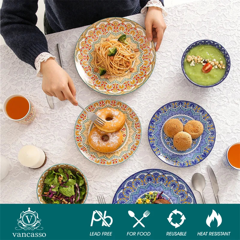 16Pcs Ceremic Plate Porcelain Dinnerware Set Bohemian Mandala Patterned with Dinner Plate,Dessert Plate,Bowl,Mug Tableware Set