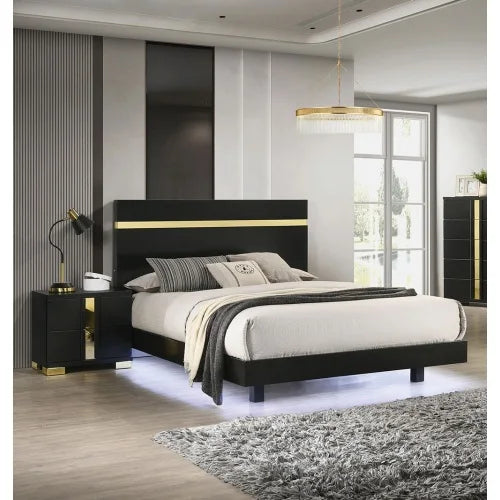 Modern Black Bedroom Set Queen Bed With LED Nightstands