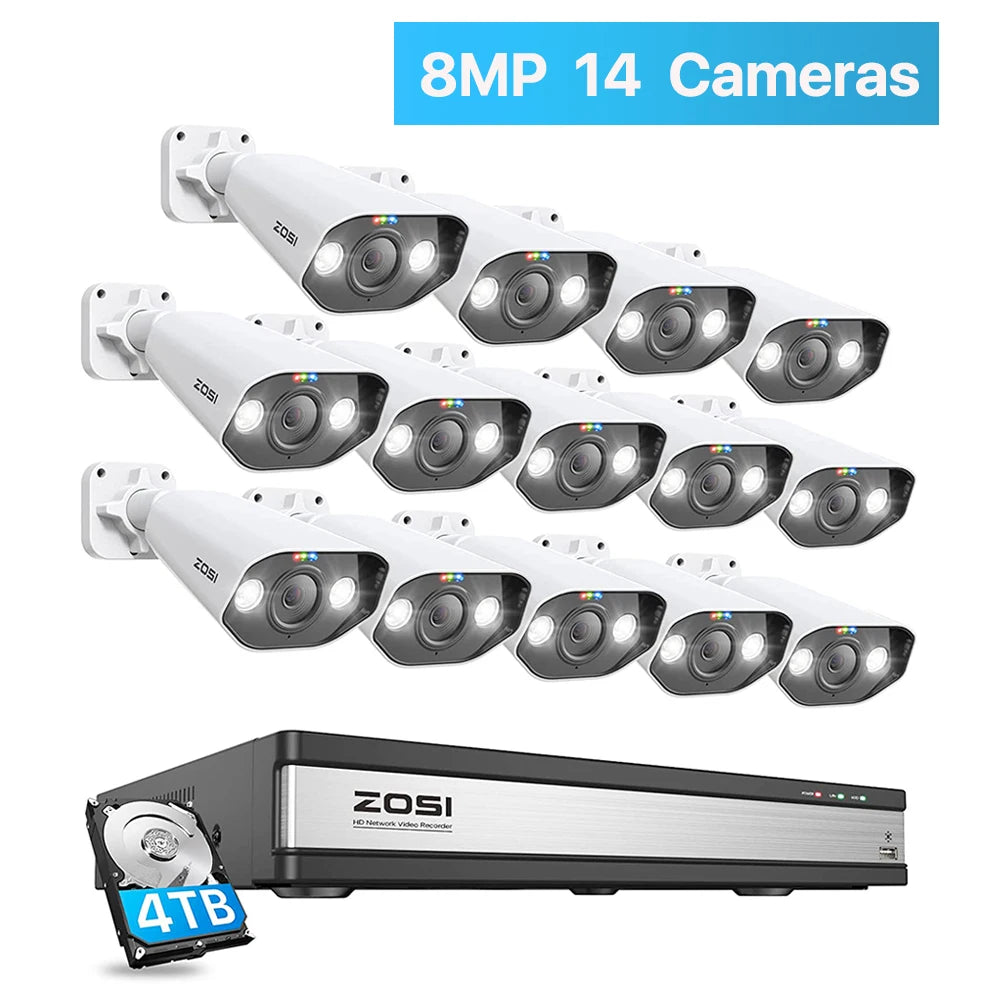 ZOSI 16CH 4K PoE Home Security Camera System 8MP NVR Set Outdoor Indoor Color Night Vision AI IP Camera Video Surveillance Kit