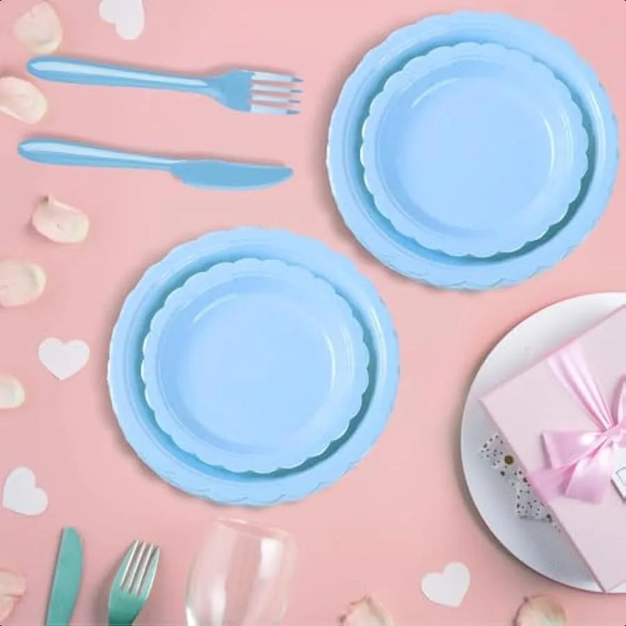 50 Pcs Light Blue Scalloped Paper Plates 7 Inch and 9 Inch Baby Blue Scalloped Dinner Plates for hower Birthday Wedding Party S