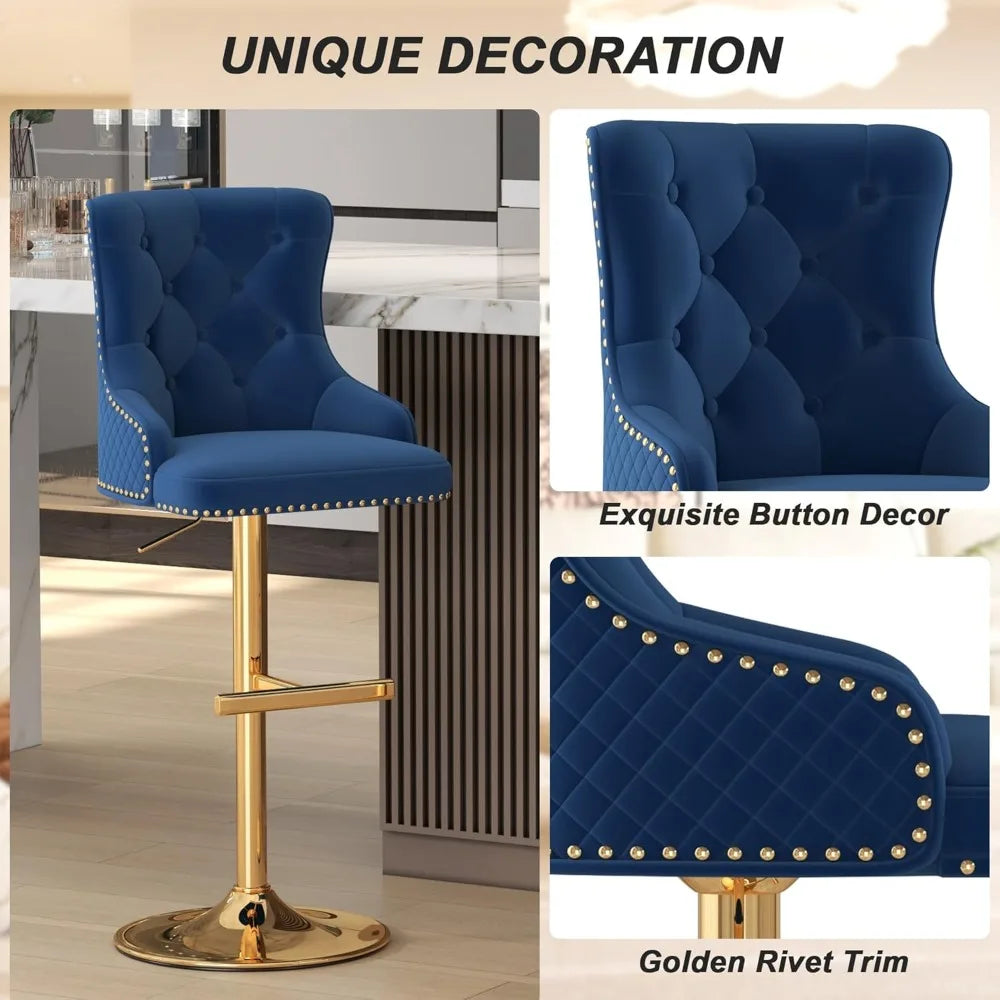 Bar Stools Set of 2, Golden Base Counter Height Stools with Footrest, Velvet Adjustable Swivel Kitchen Island Chair with Uphols