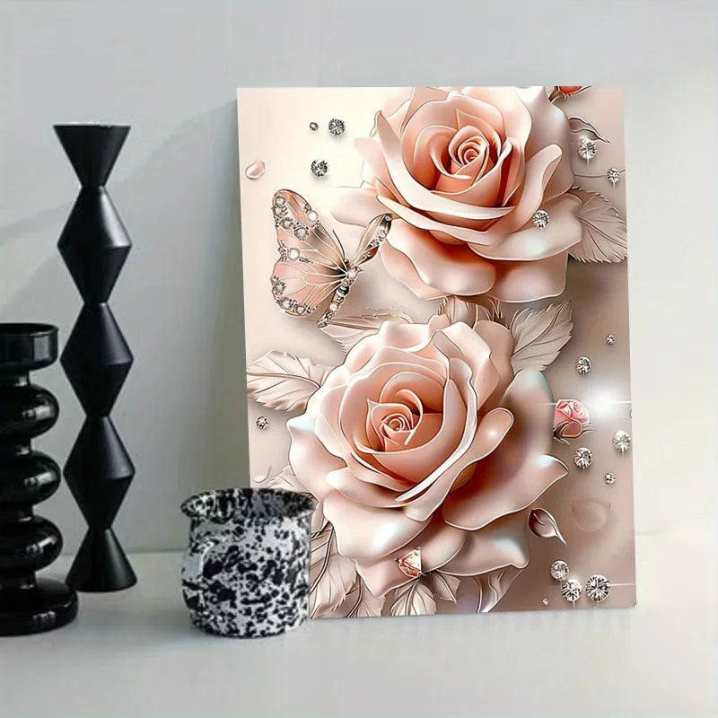 Dream Pink Rose Butterfly Diamond Canvas Wall Art Framed