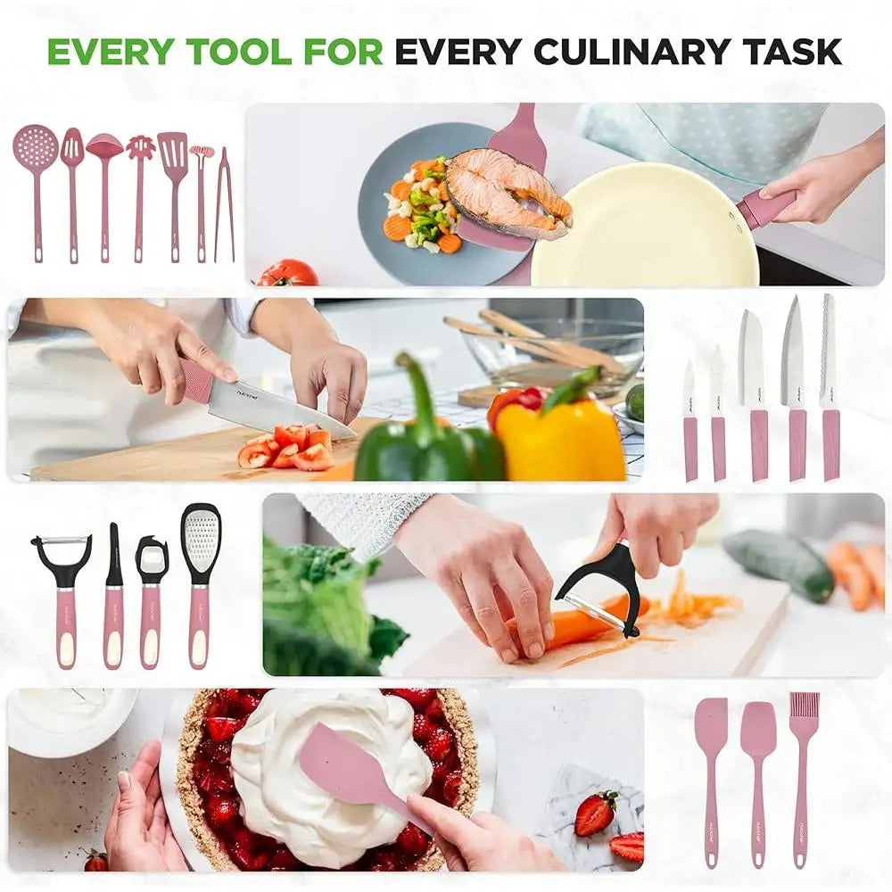 54 Piece Complete Kitchen Cookware Set Non Stick Ceramic Pots Pans Utensils Bakeware Knife Cutting Boards All Cooktops