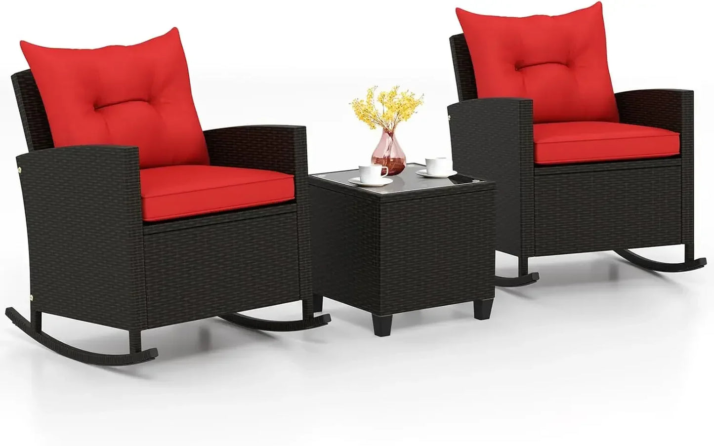 3 Piece Patio Furniture Rocking Bistro Set, Wicker Outdoor Rocking Chairs & Glass Table, PE Rattan Conversation Set