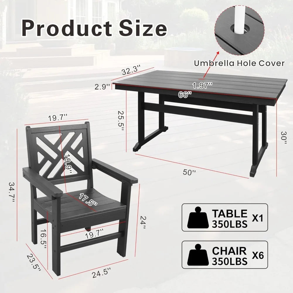 Outdoor HDPE Dining Table Set,7-Piece All Weather Rectangular Wood Grain Patio Table and Chairs with Umbrella Hole for Garden, B