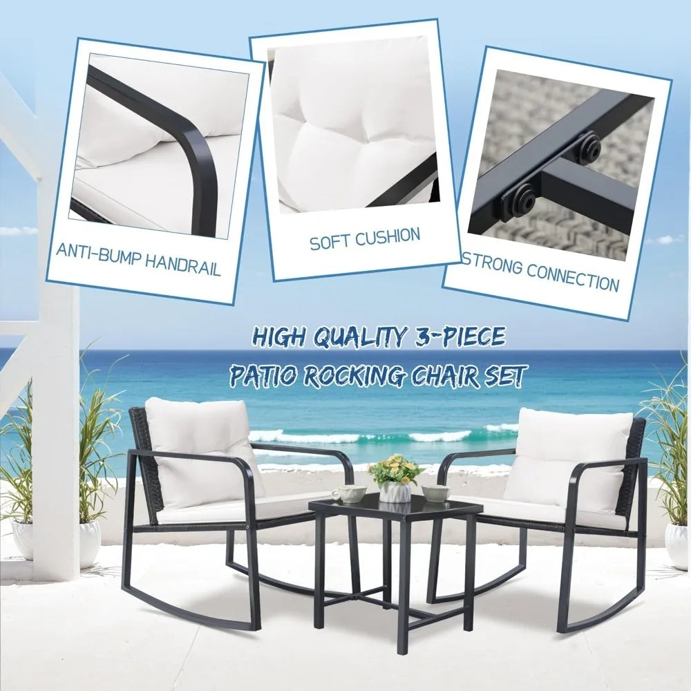 3 Pieces Rocking Wicker Bistro Set, Patio Outdoor Furniture Conversation Sets with Porch Chairs and Glass Coffee Table