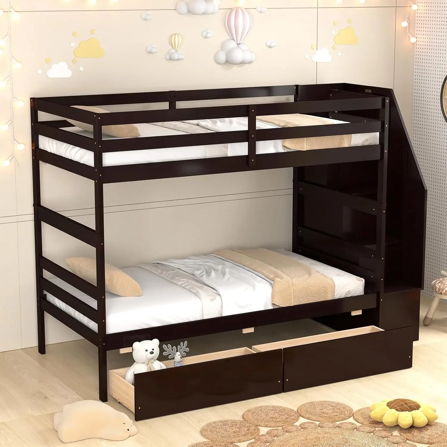 Wood Twin Over Twin Bunk Bed with 2 Storage Drawers & Stairs, Bunk Beds with Safety Guardrail & Shelves,