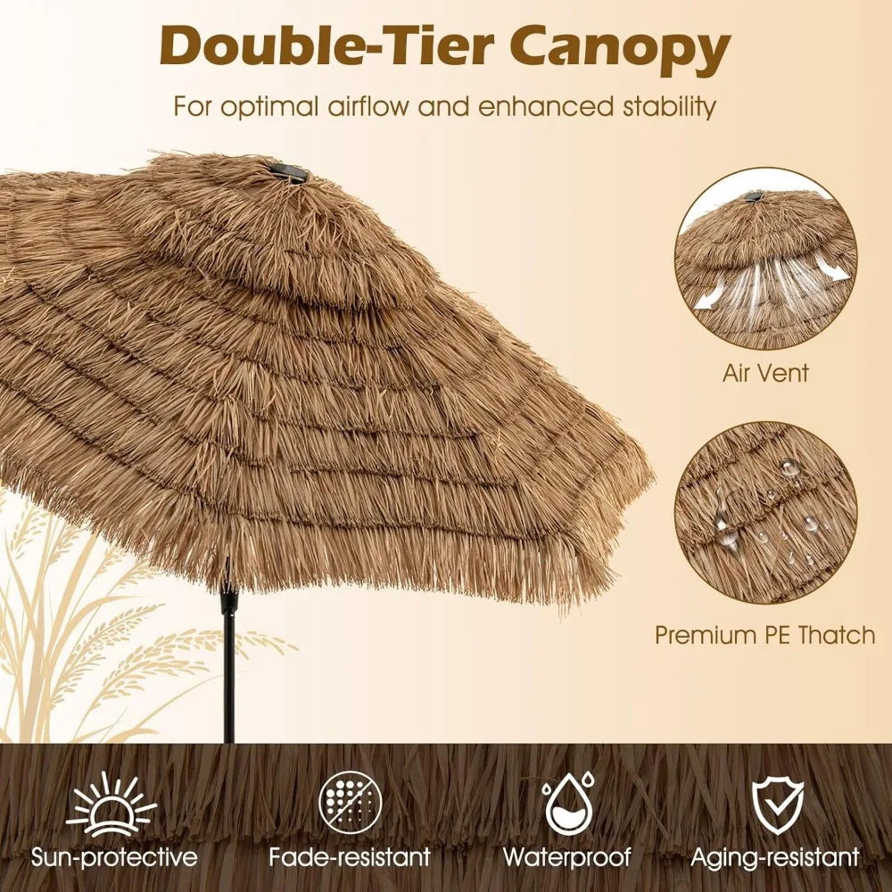 10 ft Thatched Patio Umbrella, 2 Tier Hawaiian Style Grass Beach Umbrella with 32 Led Lights, Center Light, Solar Tiki Umbrella