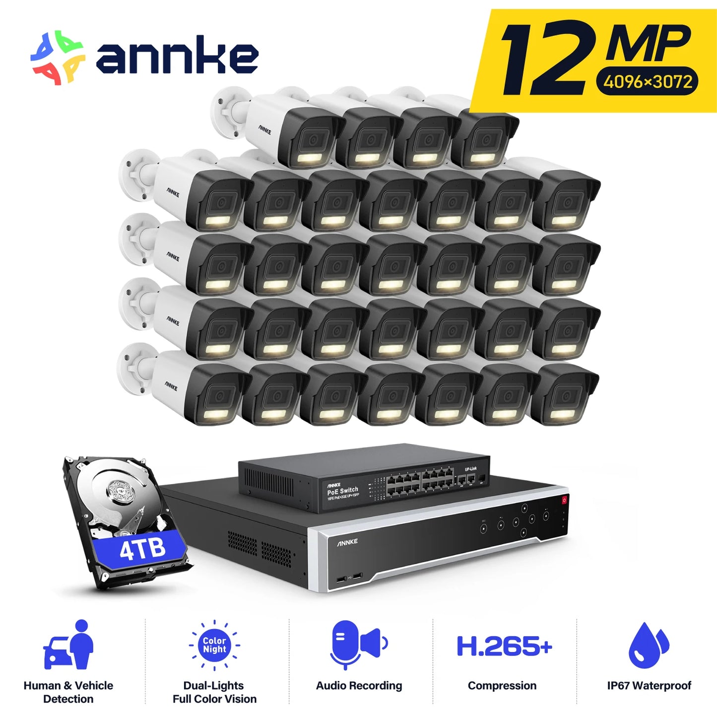 Annke 32CH NVR 12MP HD IP Security Camera Poe 6K Dual Light Audio Fixed Video Surveillance Human Vehicle Detection CCTV System