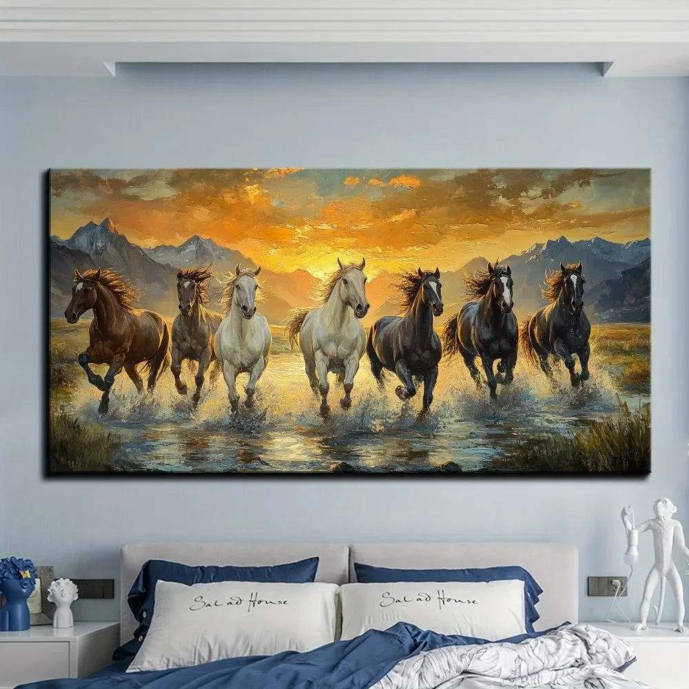 Elegant Feng Shui Seven Horses Canvas Art With Pine Frame